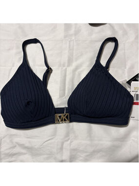 Michael Kors Women's Navy Ribbed Hardware V-Neck Bikini Top Small